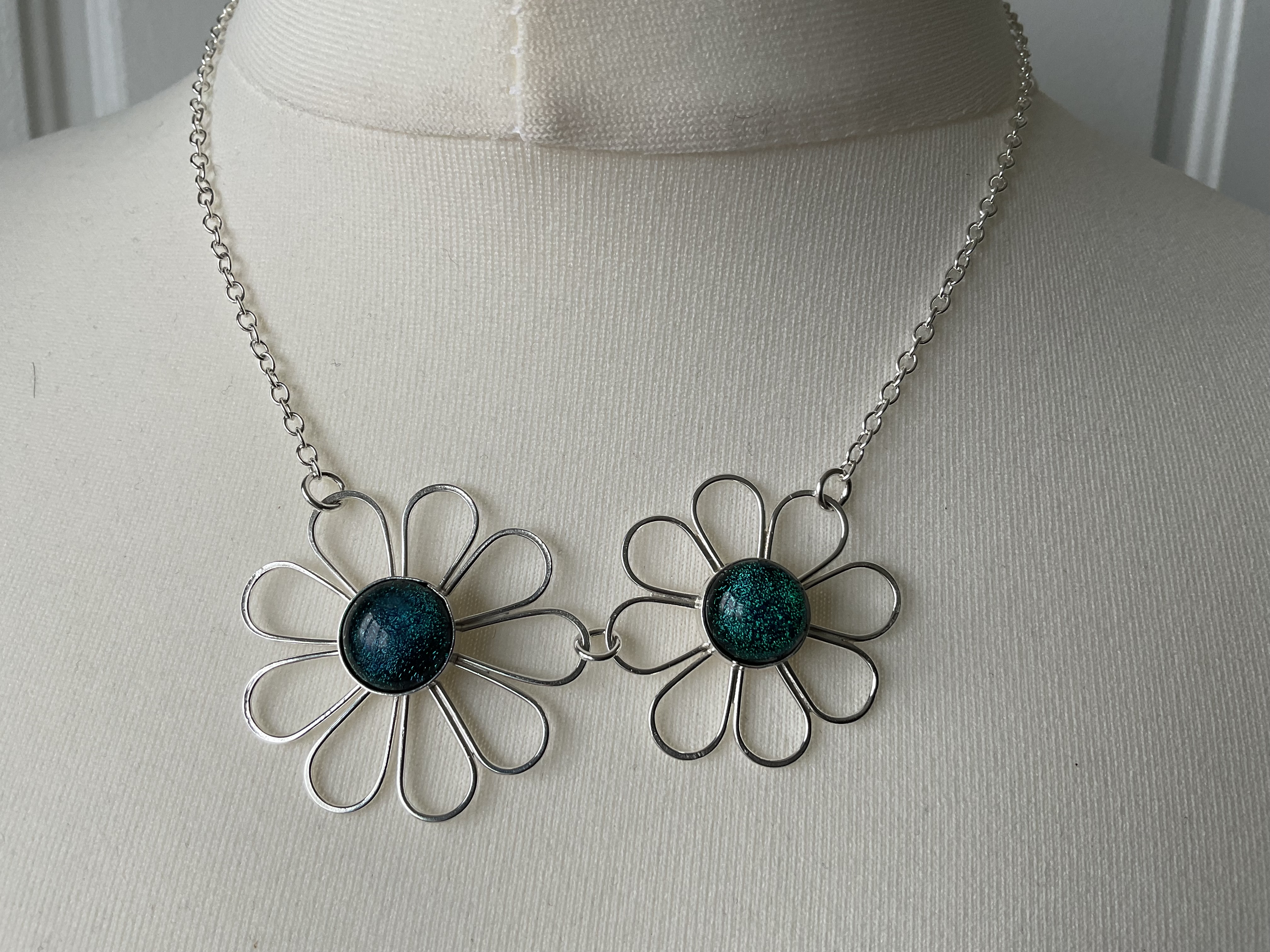 Emerald Daisy Duo Dichroic Fused Glass Necklace